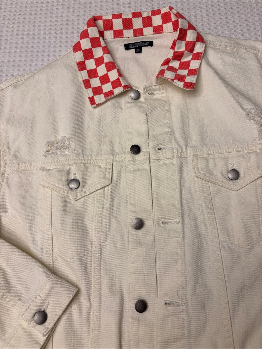 ELWOOD XL Distressed Cream Denim Jacket Coral Red Checkerboard Collar